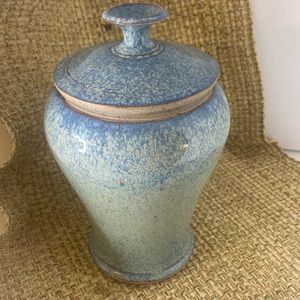 Vintage Studio Art blue/cream/brown pottery canister, 7.25”T